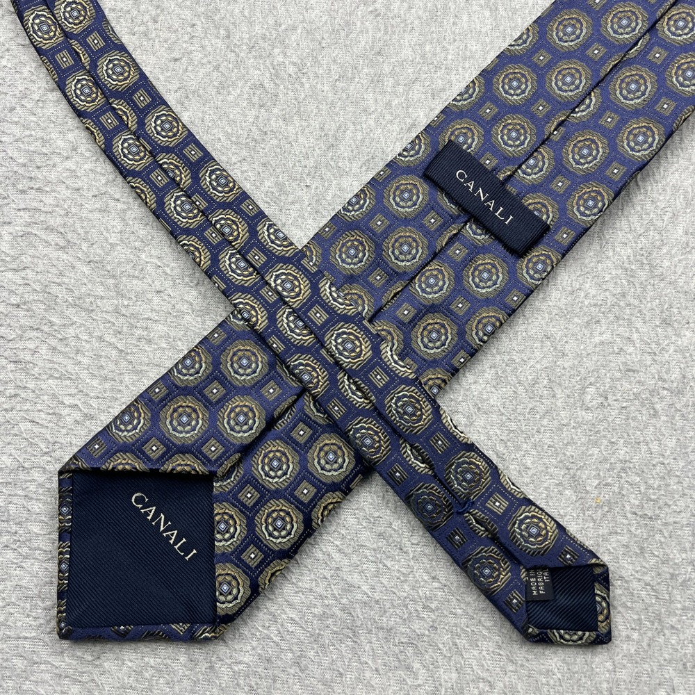 Canali Tie Mens Blue Gold Geometric Medallion 100% Silk Luxury Made in Italy